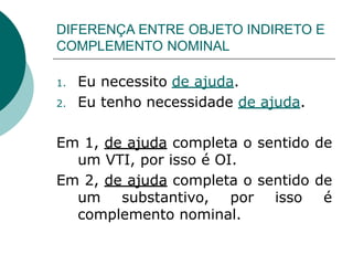 DIFERENÇA ENTRE OBJETO INDIRETO E
COMPLEMENTO NOMINAL
1. Eu necessito de ajuda.
2. Eu tenho necessidade de ajuda.
Em 1, de ajuda completa o sentido de
um VTI, por isso é OI.
Em 2, de ajuda completa o sentido de
um substantivo, por isso é
complemento nominal.
 