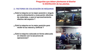 Preguntas que deben
la distribución
plantearse al diseñar
de las plantas.
2.- FACTORES DE COLOCACIÓN DE MÁQUINAS
¿ Está la máquina en la mejor posición o ángulo
para la alimentación y evacuación efectivas
de materiales, o para el aprovechamiento
efectivo del espacio ?
¿ Está la máquina en la mejor posición para
recibir la luz natural y artificial ?
¿ Está la máquina colocada en forma adecuada
en relación con la secuencia de
operaciones?
 