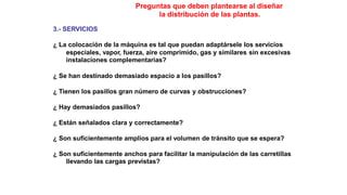 Preguntas que deben plantearse al diseñar
la distribución de las plantas.
3.- SERVICIOS
¿ La colocación de la máquina es tal que puedan adaptársele los servicios
especiales, vapor, fuerza, aire comprimido, gas y similares
instalaciones complementarias?
sin excesivas
¿ Se han destinado demasiado espacio a los pasillos?
¿ Tienen los pasillos gran número de curvas y obstrucciones?
¿ Hay demasiados pasillos?
¿ Están señalados clara y correctamente?
¿ Son suficientemente amplios para el volumen de tránsito que se espera?
¿ Son suficientemente anchos para facilitar la manipulación de las carretillas
llevando las cargas previstas?
 