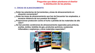 Preguntas que deben plantearse al diseñar
la distribución de las plantas.
4.- ÁREAS DE ALMACENAMIENTO
¿ Están las estanterías de herramientas y áreas de almacenamiento en
situación conveniente?
¿ Están las áreas de almacenamiento que han de frecuentar los empleados, a
excesiva distancia de sus puestos de trabajo?
¿ Proporcionan protección contra el hurto o pérdida de los materiales de alto
valor?
¿ Se han previsto condiciones de almacenamiento especiales para pinturas,
aceites, ácidos, botellas de gas, productos químicos, sustancias
inflamables o explosivas y otros materiales especiales?
 