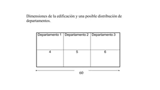 Dimensiones de
departamentos.
la edificación y una posible distribución de
60
Departamento 1 Departamento 2 Departamento 3
4 5 6
 