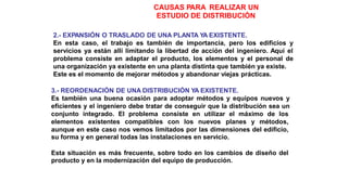 CAUSAS PARA REALIZAR UN
ESTUDIO DE DISTRIBUCIÓN
2.- EXPANSIÓN O TRASLADO DE UNA PLANTA YA EXISTENTE.
En esta caso, el trabajo es también de importancia, pero los edificios y
servicios ya están allí limitando la libertad de acción del ingeniero. Aquí el
problema consiste en adaptar el producto, los elementos y el personal de
una organización ya existente en una planta distinta que también ya existe.
Este es el momento de mejorar métodos y abandonar viejas prácticas.
3.- REORDENACIÓN DE UNA DISTRIBUCIÓN YA EXISTENTE.
Es también una buena ocasión para adoptar métodos y equipos nuevos y
eficientes y el ingeniero debe tratar de conseguir que la distribución sea un
conjunto integrado. El problema consiste en utilizar el máximo de los
elementos existentes compatibles con los nuevos planes y métodos,
aunque en este caso nos vemos limitados por las dimensiones del edificio,
su forma y en general todas las instalaciones en servicio.
Esta situación es más frecuente, sobre todo en los cambios de diseño del
producto y en la modernización del equipo de producción.
 