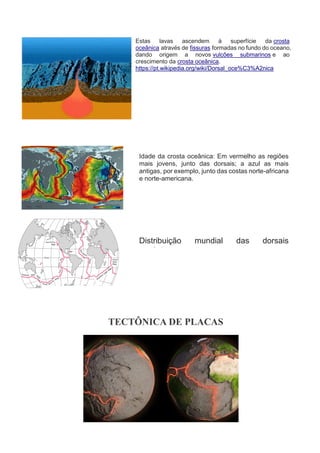 Estas lavas ascendem à superfície da crosta
oceânica através de fissuras formadas no fundo do oceano,
dando origem a novos vulcões submarinos e ao
crescimento da crosta oceânica.
https://pt.wikipedia.org/wiki/Dorsal_oce%C3%A2nica
TECTÔNICA DE PLACAS
Idade da crosta oceânica: Em vermelho as regiões
mais jovens, junto das dorsais; a azul as mais
antigas, por exemplo, junto das costas norte-africana
e norte-americana.
Distribuição mundial das dorsais
oceânicas.
 