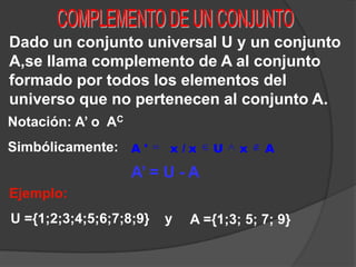 COMPLEMENTO DE UN CONJUNTODado un conjunto universal U y un conjunto A,se llama complemento de A al conjunto formado por todos los elementos del universo que no pertenecen al conjunto A.Notación: A’ o ACSimbólicamente:A’ = U - AEjemplo:U ={1;2;3;4;5;6;7;8;9}yA ={1;3; 5; 7; 9}