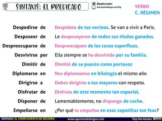 SINTAXIS: EL PREDICADO
@pephernandez
www.apuntesdelengua.com/blog VERBO
C. RÉGIMEN
Despedirse de Despídete de tus vecinos....