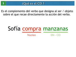 ¿Qué es el CD ? 
1 
Es el complemento del verbo que designa al ser / objeto 
sobre el que recae directamente la acción del verbo. 
Sofía compra manzanas 
Núcleo SN - CD 
 
