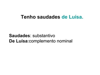 Tenho saudades de Luísa.
Saudades: substantivo
De Luísa:complemento nominal
 