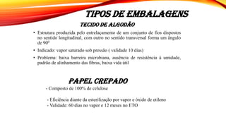 TIPOS DE EMBALAGENS
TECIDO DE ALGODÃO
• Estrutura produzida pelo entrelaçamento de um conjunto de fios dispostos
no sentido longitudinal, com outro no sentido transversal forma um ângulo
de 900
• Indicado: vapor saturado sob pressão ( validade 10 dias)
• Problema: baixa barreira microbiana, ausência de resistência à umidade,
padrão de alinhamento das fibras, baixa vida útil
PAPEL CREPADO
- Composto de 100% de celulose
- Eficiência diante da esterilização por vapor e óxido de etileno
- Validade: 60 dias no vapor e 12 meses no ETO
 