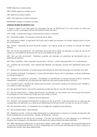 ENTER= Seleciona a célula abaixo
SHIFT+ ENTER= Seleciona a célula acima
TAB= Seleciona a célula à direita
SHIFT+ TAB= Seleciona a célula à esquerda
BACKSPACE= Apaga o conteúdo da célula
CÓDIGOS DE ERRO NO BROFFICE CALC
A tabela a seguir é uma visão geral das mensagens de erro do BrOfficeCalc. Se o erro ocorrer na célula que
contém o cursor, a mensagem de erro será exibida na Barra de status.
### - Nada - A célula não é larga o suficiente para mostrar o conteúdo.
501 - Caractere inválido - O caractere na fórmula não é válido.
502 - Argumento inválido - O argumento da função não é válido, por exemplo, um número negativo para a função
de raiz quadrada.
503 - #NUM! - Operação de ponto flutuante inválida - Um cálculo resulta em overflow no intervalo de valores
definido.
504 - Erro na lista de parâmetros - Um parâmetro da função não é válido, por exemplo, um texto em vez de um
número ou uma referência de domínio em vez de uma referência de célula.
508 - Erro: par não encontrado - Parênteses ausentes, por exemplo, um parêntese de fechamento sem um
parêntese de abertura
509 - Falta o operador - Falta o operador, por exemplo, "=2(3+4) * ", onde o operador entre "2" e "(" está faltando.
510 - Variável não encontrada - Uma variável está faltando, por exemplo, quando dois operadores estão juntos
"=1+*2".
511 - Variável não encontrada - A função requer mais variáveis do que foram fornecidas, por exemplo, E() e OU().
512 - Overflow na fórmula - Compilador: o número total de tokens internos, (isto é, operadores, variáveis, parênteses)
na fórmula excede 512.
513 - Overflow na cadeia de caracteres - Compilador: um identificador na fórmula excede 64 KB em tamanho.
Interpretador: o resultado de uma operação de cadeia de caracteres excede 64 KB em tamanho.
514 – Overflow interno - Tentativa de classificação de dados com dados numéricos em excesso (máx. 100.000) ou
um overflow na pilha de cálculo.
516 - Erro de sintaxe interno - Uma matriz é esperada na pilha de cálculo, mas não está disponível.
517 - Erro de sintaxe interno - Código desconhecido, por exemplo, um documento com uma função mais recente
foi carregado em uma versão mais antiga, que não contém a função.
518 - Erro de sintaxe interno - A variável não está disponível
519 - #VALOR - Sem resultado (#VALOR está na célula, em vez de Err:519!) - A fórmula resulta em um valor que não
corresponde à sua definição; ou a célula que é referenciada na fórmula contém um texto em vez de um número.
520 - Erro de sintaxe interno - O compilador cria um código de compilação desconhecido.
521 - Erro de sintaxe interno - Sem resultado.
522 - Referência circular - A fórmula refere diretamente ou indiretamente a si mesma e as opções de Iterações não
foram estabelecidas em Ferramentas - Opções - BrOfficeCalc - Calcular.
523 - O procedimento de cálculo não converge - A função não encontrou um valor desejado ou as referências
iterativas não conseguem uma alteração mínima dentro do número máximo de etapas definidas.
524 - #REF- Referências inválidas (em vez de Err:524 a célula contém #REF) - Compilador: não foi possível determinar
o nome de uma descrição de linha ou coluna. Interpretador: em uma fórmula, está faltando à coluna, a linha ou a
planilha que contém uma célula referenciada.
 