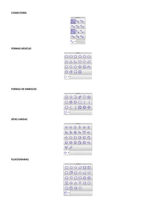 CONECTORES
FORMAS BÁSICAS
FORMAS DE SIMBOLOS
SETAS LARGAS
FLUXOGRAMAS
 