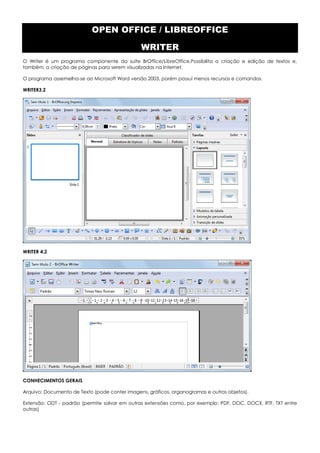 OPEN OFFICE / LIBREOFFICE
WRITER
O Writer é um programa componente da suíte BrOffice/LibreOffice.Possibilita a criação e edição de textos e,
também, a criação de páginas para serem visualizadas na Internet.
O programa assemelha-se ao Microsoft Word versão 2003, porém possui menos recursos e comandos.
WRITER3.2
WRITER 4.2
CONHECIMENTOS GERAIS
Arquivo: Documento de Texto (pode conter imagens, gráficos, organogramas e outros objetos).
Extensão: ODT - padrão (permite salvar em outras extensões como, por exemplo: PDF, DOC, DOCX, RTF, TXT entre
outras)
 