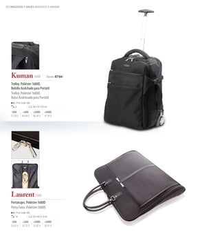 22 | NEGOCIOS Y VIAJES NEGÓCIOS E VIAGEM




    Kuman 3488                            Desde 47 '04€

    Trolley. Poliéster 1680D.
    Bolsillo Acolchado para Portatil
    Trolley. Poliéster 1680D.
    Bolso Acolchoado para Portátil
        Print Code: I(6)
       4                   36 x 47 x 25 cm

   -500        +500        +2000       +5000
   51,24 €    49,84 €      48,44 €     47,04 €




    Laurent 3506
    Portatrajes. Poliéster 1680D
    Porta Fatos. Poliéster 1680D
        Print Code: I(6)
       10                  52 x 45,5 x 9 cm

   -500        +500        +2000       +5000
   33,67 €    32,75 €      31,83 €     30,91 €
 