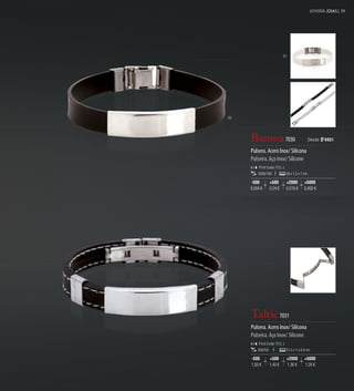 JOYERÍA JÓIAS | 39




                           01




02




     Bamoa 7030                                  Desde 0 '492€

     Pulsera. Acero Inox/ Silicona
     Pulseira. Aço Inox/ Silicone
         Print Code: F(1), L
         1000/100              20 x 1,2 x 1 cm

     -500         +500         +2000        +5000
     0,564 €      0,54 €       0,516 €      0,492 €




     Taltic 7031
     Pulsera. Acero Inox/ Silicona
     Pulseira. Aço Inox/ Silicone
         Print Code: F(1), L
         500/50                21,5 x 1 x 0,4 cm

     -500         +500         +2000        +5000
     1,50 €       1,43 €       1,36 €       1,26 €
 