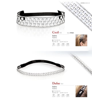 JOYERÍA JOIAS 43




Cecil 7035                           Desde 0 '533€

Diadema
Diadema
    Print Code: E(1)
    1000 / 100         49 x 3,8 x 0,1 cm

-500        +500       +2000       +5000
0,611 €    0,585 €     0,559 €     0,533 €




Dafne 7034
Diadema
Diadema
    Print Code: E(1)
    2000 / 200         48 x 1,2 x 0,1 cm

-500        +500       +2000       +5000
0,329 €    0,315 €     0,301 €     0,287 €
 