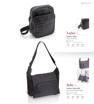 BOLSOS BOLSOS 47




                                18




     02
          Layker 7015
          Bandolera. Polipiel
          Bolso Tira-Colo. PU
              Print Code: L
             40                  21 x 26,5 x 10 cm

          -500       +500        +2000       +5000
           10 €      9,49 €      9,23 €      8,98 €




                                08




          Kobe 3629
          Bandolera. Poliéster 600D
          Bolso Tira-Colo. Poliéster 600D
02
              Print Code: E(1), N(8)
             40                  38 x 25 x 11,5 cm

          -500       +500        +2000       +5000
          5,88 €     5,58 €      5,43 €      5,28 €
 