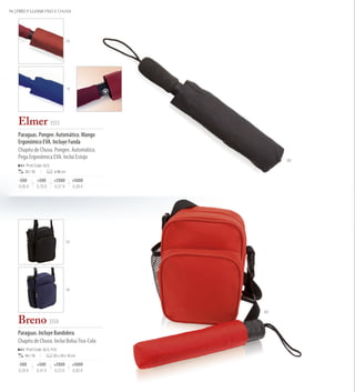96 | FRÍO Y LLUVIA FRIO E CHUVA




                                      03




                                      19




    Elmer 3553
    Paraguas. Pongee. Automático. Mango
    Ergonómico EVA. Incluye Funda
    Chapéu de Chuva. Pongee. Automático.
    Pega Ergonômica EVA. Inclui Estojo                   02
        Print Code: G(1)
        30 / 10             ø 98 cm

    -500          +500      +2000          +5000
    6,95 €        6,76 €    6,57 €         6,38 €




                                      02




                                      06




                                                    03

    Breno 3550
    Paraguas. Incluye Bandolera
    Chapéu de Chuva. Inclui Bolsa Tira-Colo
        Print Code: G(1), F(1)
       40 / 10             20 x 24 x 10 cm

    -500          +500      +2000          +5000
    6,59 €        6,41 €    6,23 €         6,05 €
 