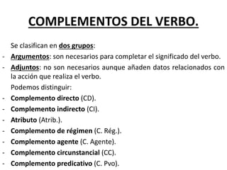 COMPLEMENTOS DEL VERBO.
Se clasifican en dos grupos:
- Argumentos: son necesarios para completar el significado del verbo.
- Adjuntos: no son necesarios aunque añaden datos relacionados con
la acción que realiza el verbo.
Podemos distinguir:
- Complemento directo (CD).
- Complemento indirecto (CI).
- Atributo (Atrib.).
- Complemento de régimen (C. Rég.).
- Complemento agente (C. Agente).
- Complemento circunstancial (CC).
- Complemento predicativo (C. Pvo).
 