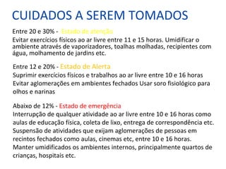 CUIDADOS A SEREM TOMADOS
Entre 20 e 30% - Estado de atenção
Evitar exercícios físicos ao ar livre entre 11 e 15 horas. Umidificar o
ambiente através de vaporizadores, toalhas molhadas, recipientes com
água, molhamento de jardins etc.
Entre 12 e 20% - Estado de Alerta
Suprimir exercícios físicos e trabalhos ao ar livre entre 10 e 16 horas
Evitar aglomerações em ambientes fechados Usar soro fisiológico para
olhos e narinas

Abaixo de 12% - Estado de emergência
Interrupção de qualquer atividade ao ar livre entre 10 e 16 horas como
aulas de educação física, coleta de lixo, entrega de correspondência etc.
Suspensão de atividades que exijam aglomerações de pessoas em
recintos fechados como aulas, cinemas etc, entre 10 e 16 horas.
Manter umidificados os ambientes internos, principalmente quartos de
crianças, hospitais etc.
 