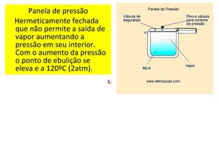 Panela de pressão
Hermeticamente fechada
que não permite a saída de
vapor aumentando a
pressão em seu interior.
Com o aumento da pressão
o ponto de ebulição se
eleva e a 120ºC (2atm).
 