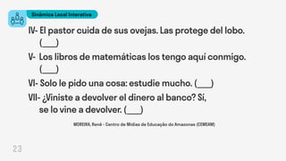 Dinâmica Local Interativa
23
IV- El pastor cuida de sus ovejas. Las protege del lobo. 			
		 (____)
V- Los libros de matemáticas los tengo aquí conmigo. 			
		 (____)
VI- Solo le pido una cosa: estudie mucho. (____)
VII- ¿Viniste a devolver el dinero al banco? Sí, 		
		 se lo vine a devolver. (____)
MOREIRA, Renê - Centro de Mídias de Educação do Amazonas (CEMEAM)
 