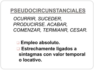 PSEUDOCIRCUNSTANCIALES
OCURRIR, SUCEDER,
PRODUCIRSE. ACABAR,
COMENZAR, TERMIANR, CESAR.
 Empleo absoluto.
 Estrechamente ligados a
sintagmas con valor temporal
o locativo.
 
