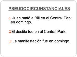 PSEUDOCIRCUNSTANCIALES
 Juan mató a Bill en el Central Park
en domingo.
El desfile fue en el Central Park.
 La manifestación fue en domingo.
 