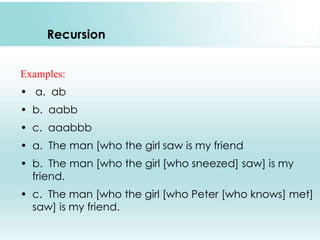 Recursion
Examples:
• a. ab
• b. aabb
• c. aaabbb
• a. The man [who the girl saw is my friend
• b. The man [who the girl [who sneezed] saw] is my
friend.
• c. The man [who the girl [who Peter [who knows] met]
saw] is my friend.
 