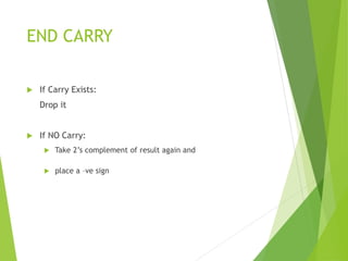 END CARRY
 If Carry Exists:
Drop it
 If NO Carry:
 Take 2’s complement of result again and
 place a –ve sign
 