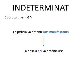 INDETERMINAT
Substituït per : en



     La policia va detenir uns manifestants




             La policia en va detenir uns
 