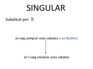 SINGULAR
Substituit per:   li


      Jo vaig comprar unes sabates a en Guillem




           Jo li vaig comprar unes sabates
 