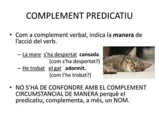 COMPLEMENT PREDICATIU
• Com a complement verbal, indica la manera de
l’acció del verb.
– La mare s’ha despertat cansada.
(com s’ha despertat?)
– He trobat el gat adormit.
(com l’he trobat?)
• NO S’HA DE CONFONDRE AMB EL COMPLEMENT
CIRCUMSTANCIAL DE MANERA perquè el
predicatiu, complementa, a més, un NOM.
 