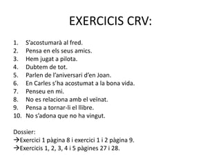 EXERCICIS CRV:
1. S’acostumarà al fred.
2. Pensa en els seus amics.
3. Hem jugat a pilota.
4. Dubtem de tot.
5. Parlen de l’aniversari d’en Joan.
6. En Carles s’ha acostumat a la bona vida.
7. Penseu en mi.
8. No es relaciona amb el veïnat.
9. Pensa a tornar-li el llibre.
10. No s’adona que no ha vingut.
Dossier:
Exercici 1 pàgina 8 i exercici 1 i 2 pàgina 9.
Exercicis 1, 2, 3, 4 i 5 pàgines 27 i 28.
 