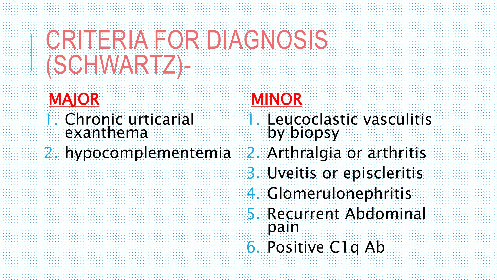 CRITERIA FOR DIAGNOSIS
(SCHWARTZ)-
MAJOR
1. Chronic urticarial
exanthema
2. hypocomplementemia
MINOR
1. Leucoclastic vasculitis
by biopsy
2. Arthralgia or arthritis
3. Uveitis or episcleritis
4. Glomerulonephritis
5. Recurrent Abdominal
pain
6. Positive C1q Ab
 