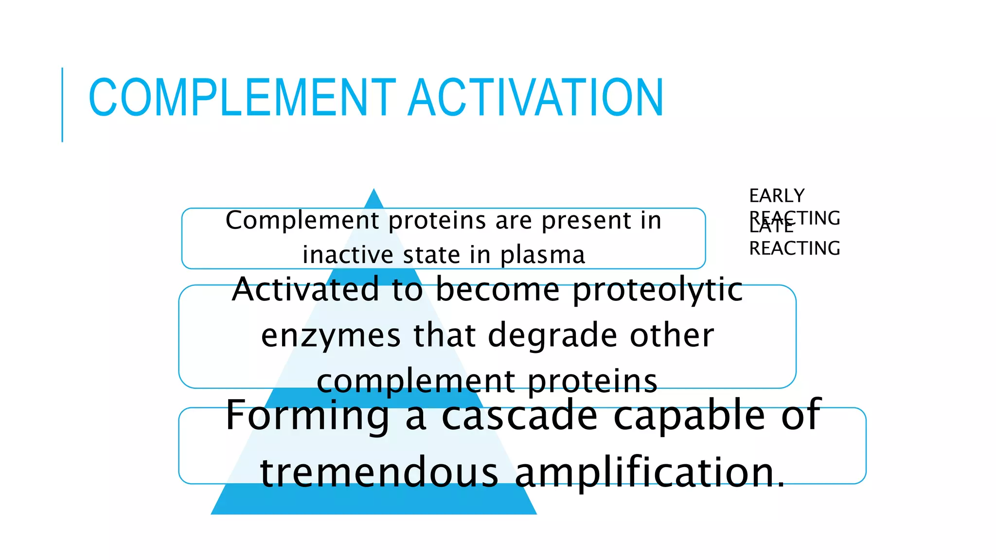 COMPLEMENT ACTIVATION
Complement proteins are present in
inactive state in plasma
Activated to become proteolytic
enzymes that degrade other
complement proteins
Forming a cascade capable of
tremendous amplification.
EARLY
REACTINGLATE
REACTING
 