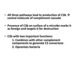 • All three pathways lead to production of C3b 
central molecule of complement cascade
• Presence of C3b on surface of a microbe marks it
as foreign and targets it for destruction
• C3b with two important functions:
1. Combines with other complement
components to generate C5 convertase
2. Opsonizes bacteria
 