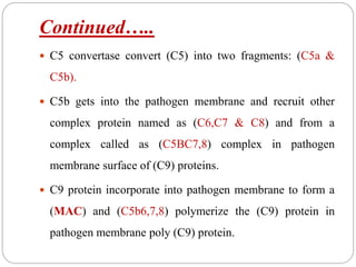 Continued…..
 C5 convertase convert (C5) into two fragments: (C5a &
C5b).
 C5b gets into the pathogen membrane and recruit other
complex protein named as (C6,C7 & C8) and from a
complex called as (C5BC7,8) complex in pathogen
membrane surface of (C9) proteins.
 C9 protein incorporate into pathogen membrane to form a
(MAC) and (C5b6,7,8) polymerize the (C9) protein in
pathogen membrane poly (C9) protein.
 