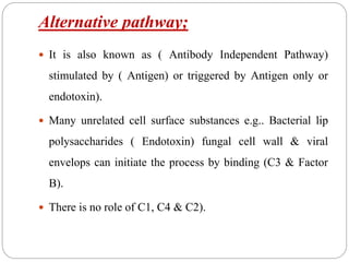 Alternative pathway;
 It is also known as ( Antibody Independent Pathway)
stimulated by ( Antigen) or triggered by Antigen only or
endotoxin).
 Many unrelated cell surface substances e.g.. Bacterial lip
polysaccharides ( Endotoxin) fungal cell wall & viral
envelops can initiate the process by binding (C3 & Factor
B).
 There is no role of C1, C4 & C2).
 
