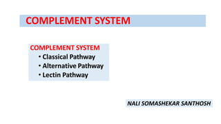 COMPLEMENT SYSTEM
COMPLEMENT SYSTEM
• Classical Pathway
• Alternative Pathway
• Lectin Pathway
NALI SOMASHEKAR SANTHOSH
 