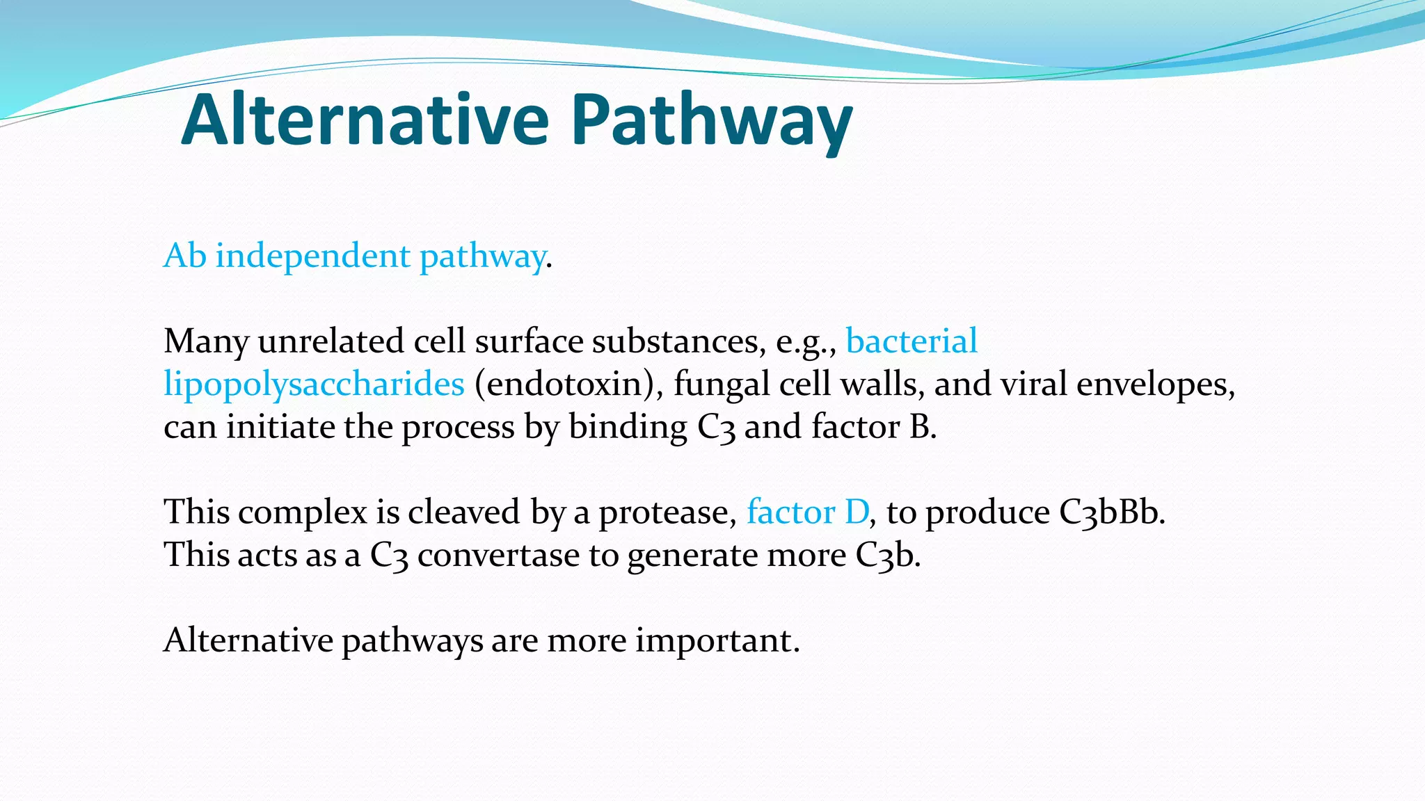 Ab independent pathway.
Many unrelated cell surface substances, e.g., bacterial
lipopolysaccharides (endotoxin), fungal cell walls, and viral envelopes,
can initiate the process by binding C3 and factor B.
This complex is cleaved by a protease, factor D, to produce C3bBb.
This acts as a C3 convertase to generate more C3b.
Alternative pathways are more important.
Alternative Pathway
 
