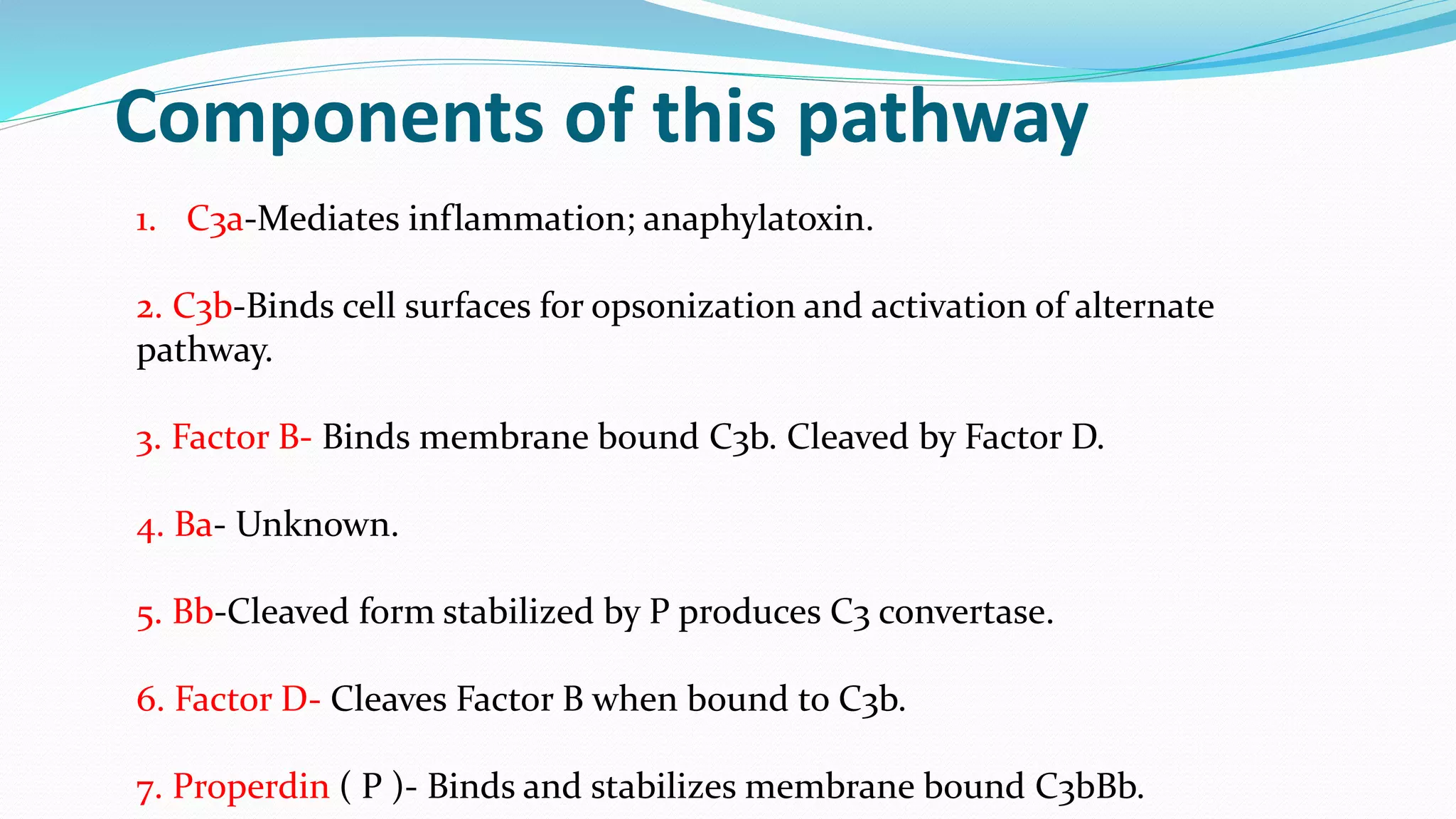 1. C3a-Mediates inflammation; anaphylatoxin.
2. C3b-Binds cell surfaces for opsonization and activation of alternate
pathway.
3. Factor B- Binds membrane bound C3b. Cleaved by Factor D.
4. Ba- Unknown.
5. Bb-Cleaved form stabilized by P produces C3 convertase.
6. Factor D- Cleaves Factor B when bound to C3b.
7. Properdin ( P )- Binds and stabilizes membrane bound C3bBb.
Components of this pathway
 