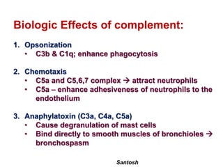 Santosh
Biologic Effects of complement:
1. Opsonization
• C3b & C1q; enhance phagocytosis
2. Chemotaxis
• C5a and C5,6,7 complex  attract neutrophils
• C5a – enhance adhesiveness of neutrophils to the
endothelium
3. Anaphylatoxin (C3a, C4a, C5a)
• Cause degranulation of mast cells
• Bind directly to smooth muscles of bronchioles 
bronchospasm
 