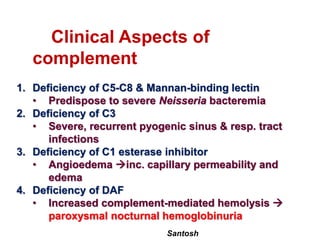 Santosh
Clinical Aspects of
complement
1. Deficiency of C5-C8 & Mannan-binding lectin
• Predispose to severe Neisseria bacteremia
2. Deficiency of C3
• Severe, recurrent pyogenic sinus & resp. tract
infections
3. Deficiency of C1 esterase inhibitor
• Angioedema inc. capillary permeability and
edema
4. Deficiency of DAF
• Increased complement-mediated hemolysis 
paroxysmal nocturnal hemoglobinuria
 