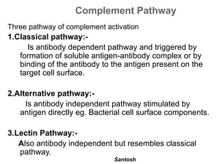 Santosh
Complement Pathway
Three pathway of complement activation
1.Classical pathway:-
Is antibody dependent pathway and triggered by
formation of soluble antigen-antibody complex or by
binding of the antibody to the antigen present on the
target cell surface.
2.Alternative pathway:-
Is antibody independent pathway stimulated by
antigen directly eg. Bacterial cell surface components.
3.Lectin Pathway:-
Also antibody independent but resembles classical
pathway.
 