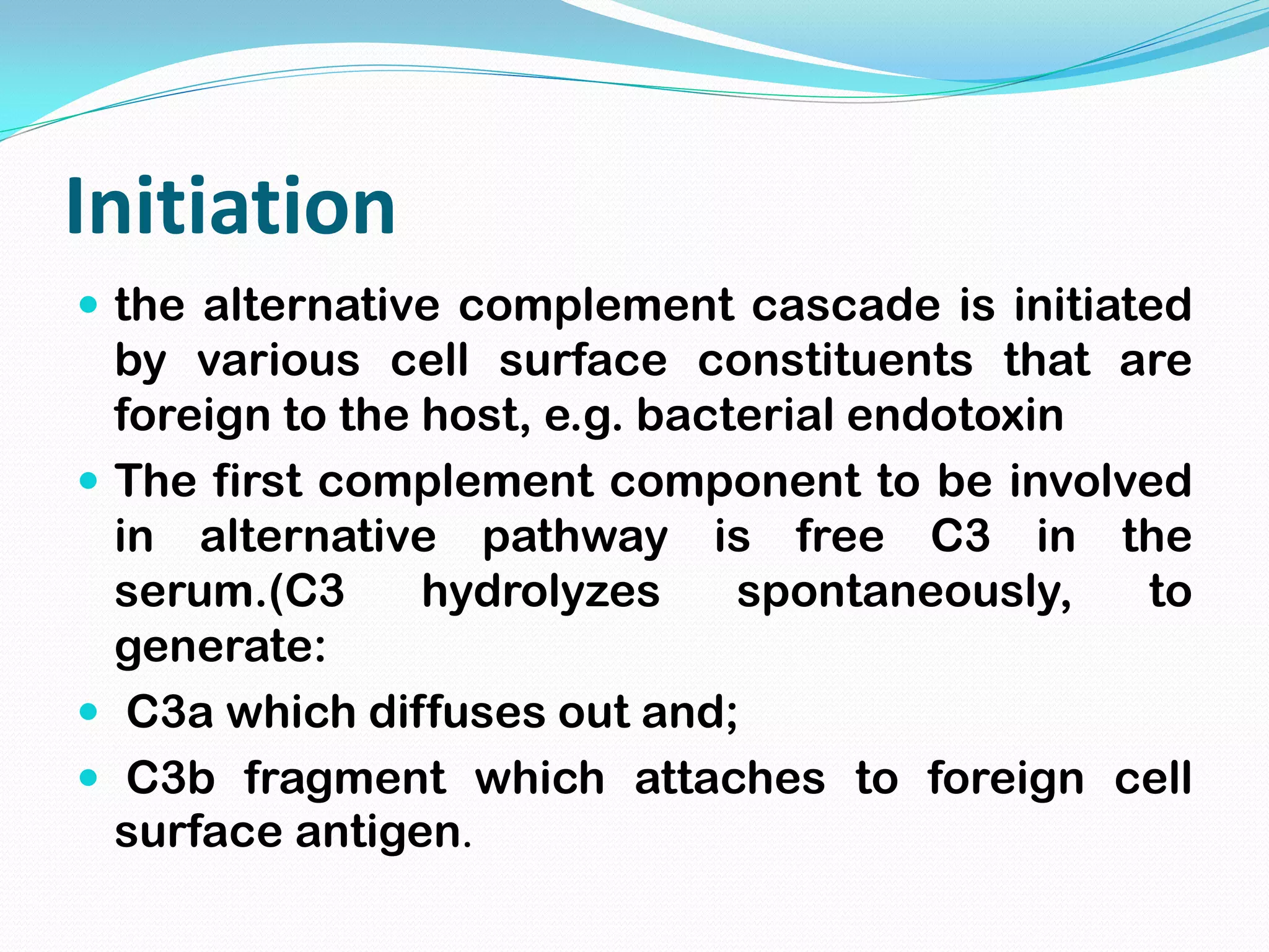 Initiation
 the alternative complement cascade is initiated
by various cell surface constituents that are
foreign to the host, e.g. bacterial endotoxin
 The first complement component to be involved
in alternative pathway is free C3 in the
serum.(C3 hydrolyzes spontaneously, to
generate:
 C3a which diffuses out and;
 C3b fragment which attaches to foreign cell
surface antigen.
 