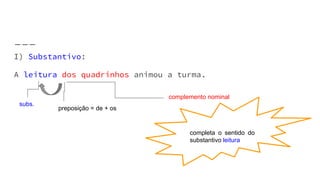 I) Substantivo:
A leitura dos quadrinhos animou a turma.
preposição = de + os
subs.
complemento nominal
completa o sentido do
substantivo leitura
 