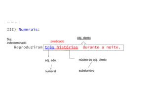 III) Numerais:
Reproduziram três histórias durante a noite.
Suj.
indeterminado
predicado
obj. direto
adj. adn.
numeral
núcleo do obj. direto
substantivo
 