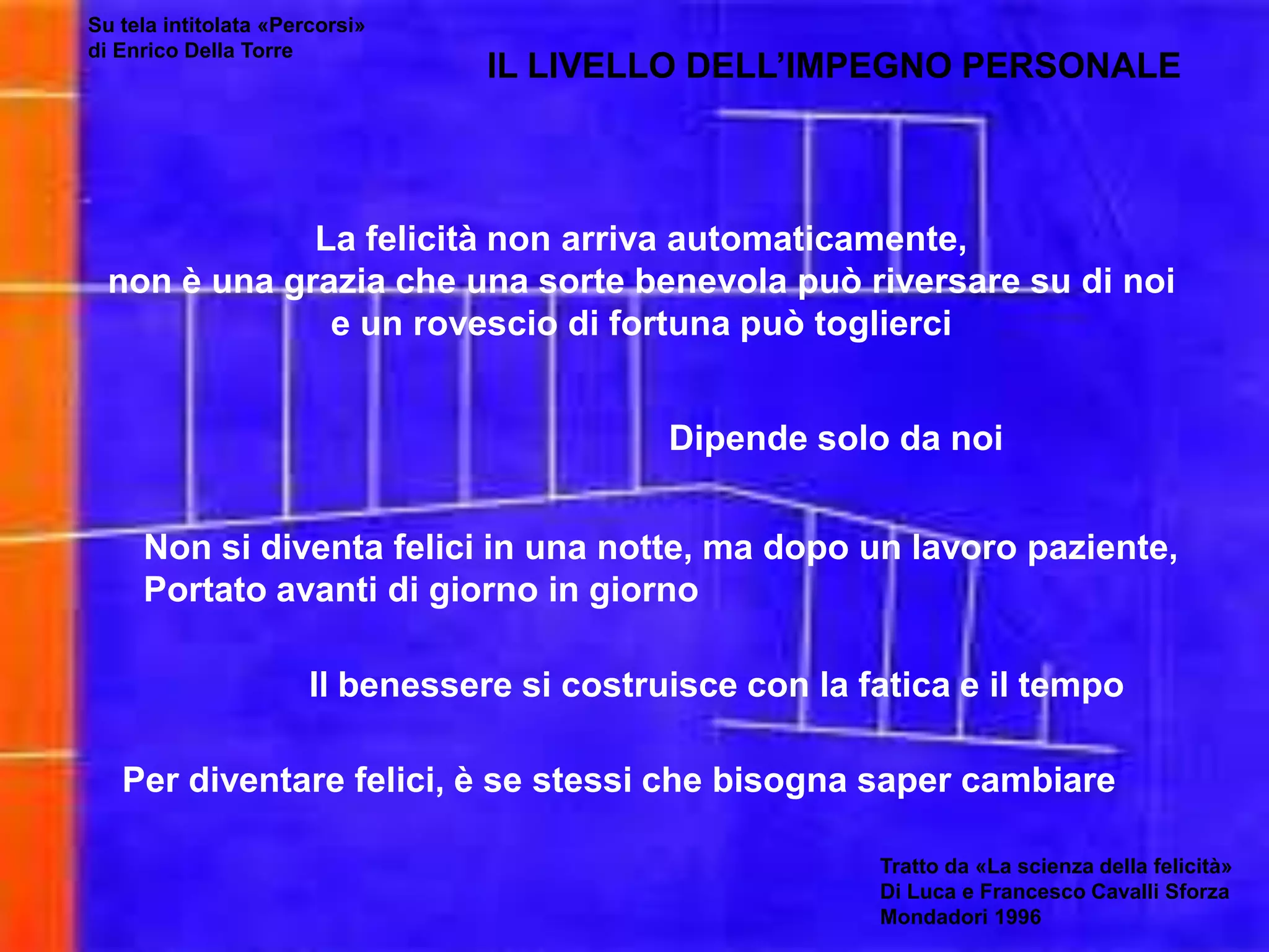 Su tela intitolata «Percorsi» di Enrico Della TorreIL LIVELLO DELL’IMPEGNO PERSONALELa felicità non arriva automaticamente, non è una grazia che una sorte benevola può riversare su di noi e un rovescio di fortuna può toglierciDipende solo da noiNon si diventa felici in una notte, ma dopo un lavoro paziente,Portato avanti di giorno in giornoIl benessere si costruisce con la fatica e il tempoPer diventare felici, è se stessi che bisogna saper cambiareTratto da «La scienza della felicità»Di Luca e Francesco Cavalli SforzaMondadori 1996