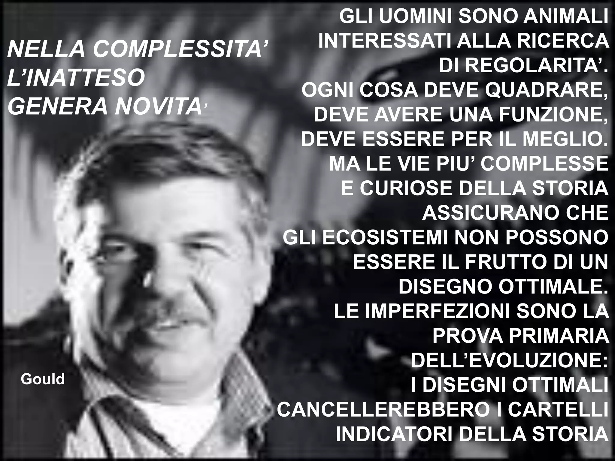 GLI UOMINI SONO ANIMALI INTERESSATI ALLA RICERCA DI REGOLARITA’.OGNI COSA DEVE QUADRARE, DEVE AVERE UNA FUNZIONE,DEVE ESSERE PER IL MEGLIO.MA LE VIE PIU’ COMPLESSE  E CURIOSE DELLA STORIAASSICURANO CHE GLI ECOSISTEMI NON POSSONOESSERE IL FRUTTO DI UN  DISEGNO OTTIMALE.LE IMPERFEZIONI SONO LA PROVA PRIMARIA DELL’EVOLUZIONE:I DISEGNI OTTIMALI CANCELLEREBBERO I CARTELLI INDICATORI DELLA STORIANELLA COMPLESSITA’L’INATTESO GENERA NOVITA’Gould