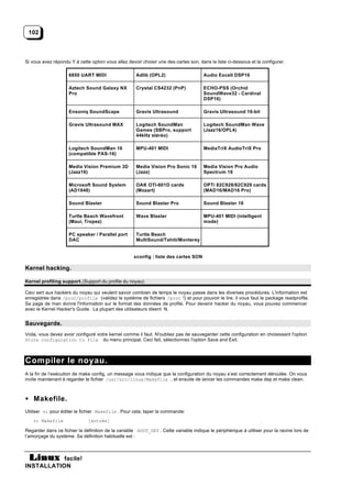 102



Si vous avez répondu Y à cette option vous allez devoir choisir une des cartes son, dans la liste ci-dessous et la configurer.

                     6850 UART MIDI                  Adlib (OPL2)                     Audio Excell DSP16

                     Aztech Sound Galaxy NX          Crystal CS4232 (PnP)             ECHO-PSS (Orchid
                     Pro                                                              SoundWave32 - Cardinal
                                                                                      DSP16)

                     Ensoniq SoundScape              Gravis Ultrasound                Gravis Ultrasound 16-bit

                     Gravis Ultrasound MAX           Logitech SoundMan                Logitech SoundMan Wave
                                                     Games (SBPro, support            (Jazz16/OPL4)
                                                     44kHz stéréo)

                     Logitech SoundMan 16            MPU-401 MIDI                     MediaTriX AudioTriX Pro
                     (compatible PAS-16)

                     Media Vision Premium 3D         Media Vision Pro Sonic 16        Media Vision Pro Audio
                     (Jazz16)                        (Jazz)                           Spectrum 16

                     Microsoft Sound System          OAK OTI-601D cards               OPTi 82C928/82C929 cards
                     (AD1848)                        (Mozart)                         (MAD16/MAD16 Pro)

                     Sound Blaster                   Sound Blaster Pro                Sound Blaster 16

                     Turtle Beach Wavefront          Wave Blaster                     MPU-401 MIDI (intelligent
                     (Maui, Tropez)                                                   mode)

                     PC speaker / Parallel port      Turtle Beach
                     DAC                             MultiSound/Tahiti/Monterey


                                                    xconfig : liste des cartes SON

Kernel hacking.

Kernel profiling support. (Support du profile du noyau)

Ceci sert aux hackers du noyau qui veulent savoir combien de temps le noyau passe dans les diverses procédures. L'information est
enregistrée dans /proc/profile (validez le système de fichiers /proc !) et pour pouvoir le lire, il vous faut le package readprofile.
Sa page de man donne l'information sur le format des données de profile. Pour devenir hacker du noyau, vous pouvez commencer
avec le Kernel Hacker's Guide. La plupart des utilisateurs disent N.


Sauvegarde.
Voila, vous devez avoir configuré votre kernel comme il faut. N'oubliez pas de sauvegarder cette configuration en choisissant l'option
Store configuration to File du menu principal. Ceci fait, sélectionnez l'option Save and Exit.



Compiler le noyau.
A la fin de l’exécution de make config, un message vous indique que la configuration du noyau s’est correctement déroulée. On vous
invite maintenant à regarder le fichier /usr/src/linux/Makefile , et ensuite de lancer les commandes make dep et make clean.



• Makefile.
Utiliser vi pour éditer le fichier Makefile . Pour cela, taper la commande:
    vi Makefile               [entrée]

Regarder dans ce fichier la définition de la variable ROOT_DEV . Cette variable indique le périphérique à utiliser pour la racine lors de
l’amorçage du système. Sa définition habituelle est :



           facile!
INSTALLATION
 