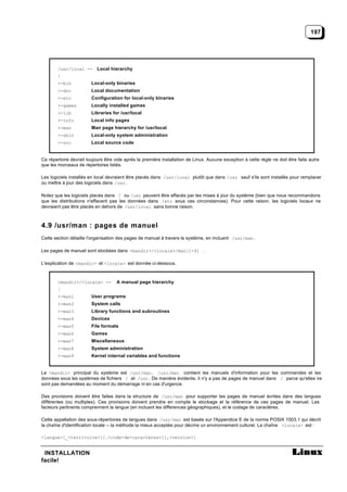 197




        /usr/local -- Local hierarchy
        |
        +-bin           Local-only binaries
        +-doc           Local documentation
        +-etc           Configuration for local-only binaries
        +-games         Locally installed games
        +-lib           Libraries for /usr/local
        +-info          Local info pages
        +-man           Man page hierarchy for /usr/local
        +-sbin          Local-only system administration
        +-src           Local source code


Ce répertoire devrait toujours être vide après la première installation de Linux. Aucune exception à cette règle ne doit être faite autre
que les morceaux de répertoires listés.

Les logiciels installés en local devraient être placés dans /usr/local plutôt que dans /usr sauf s'ils sont installés pour remplacer
ou mettre à jour des logiciels dans /usr .

Notez que les logiciels placés dans / ou /usr peuvent être effacés par les mises à jour du système (bien que nous recommandons
que les distributions n'effacent pas les données dans /etc sous ces circonstances). Pour cette raison, les logiciels locaux ne
devraient pas être placés en dehors de /usr/local sans bonne raison.



4.9 /usr/man : pages de manuel
Cette section détaille l'organisation des pages de manuel à travers le système, en incluant /usr/man .

Les pages de manuel sont stockées dans <mandir>/<locale>/man[1-9] .

L'explication de <mandir> et <locale> est donnée ci-dessous.



        <mandir>/<locale> --         A manual page hierarchy
        |
        +-man1          User programs
        +-man2          System calls
        +-man3          Library functions and subroutines
        +-man4          Devices
        +-man5          File formats
        +-man6          Games
        +-man7          Miscellaneous
        +-man8          System administration
        +-man9          Kernel internal variables and functions


Le <mandir> principal du système est /usr/man. /usr/man contient les manuels d'information pour les commandes et les
données sous les systèmes de fichiers / et /usr . De manière évidente, il n'y a pas de pages de manuel dans / parce qu'elles ne
sont pas demandées au moment du démarrage ni en cas d'urgence.

Des provisions doivent être faites dans la structure de /usr/man pour supporter les pages de manuel écrites dans des langues
différentes (ou multiples). Ces provisions doivent prendre en compte le stockage et la référence de ces pages de manuel. Les
facteurs pertinents comprennent la langue (en incluant les differences géographiques), et le codage de caractères.

Cette appellation des sous-répertoires de langues dans /usr/man est basée sur l'Appendice E de la norme POSIX 1003.1 qui décrit
la chaîne d'identification locale -- la méthode la mieux acceptée pour décrire un environnement culturel. La chaîne <locale> est :

<langue>[_<territoire>][.<code-de-caractères>][,<version>]


 INSTALLATION
facile!
 